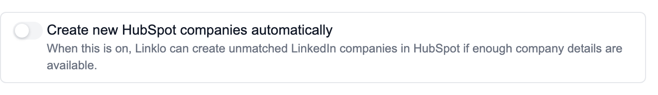 Control for automatically creating new HubSpot companies